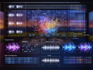 Hightech-Musikstudio bei Dämmerung: Display verwandelt Sprache in Noten und Waveforms; KI-Graphen, DAW mit Stems/MIDI, Tags 120 BPM, ambient drone, no vocals, Hinweise zu Urheberrecht, Seed, FAD, MOS.