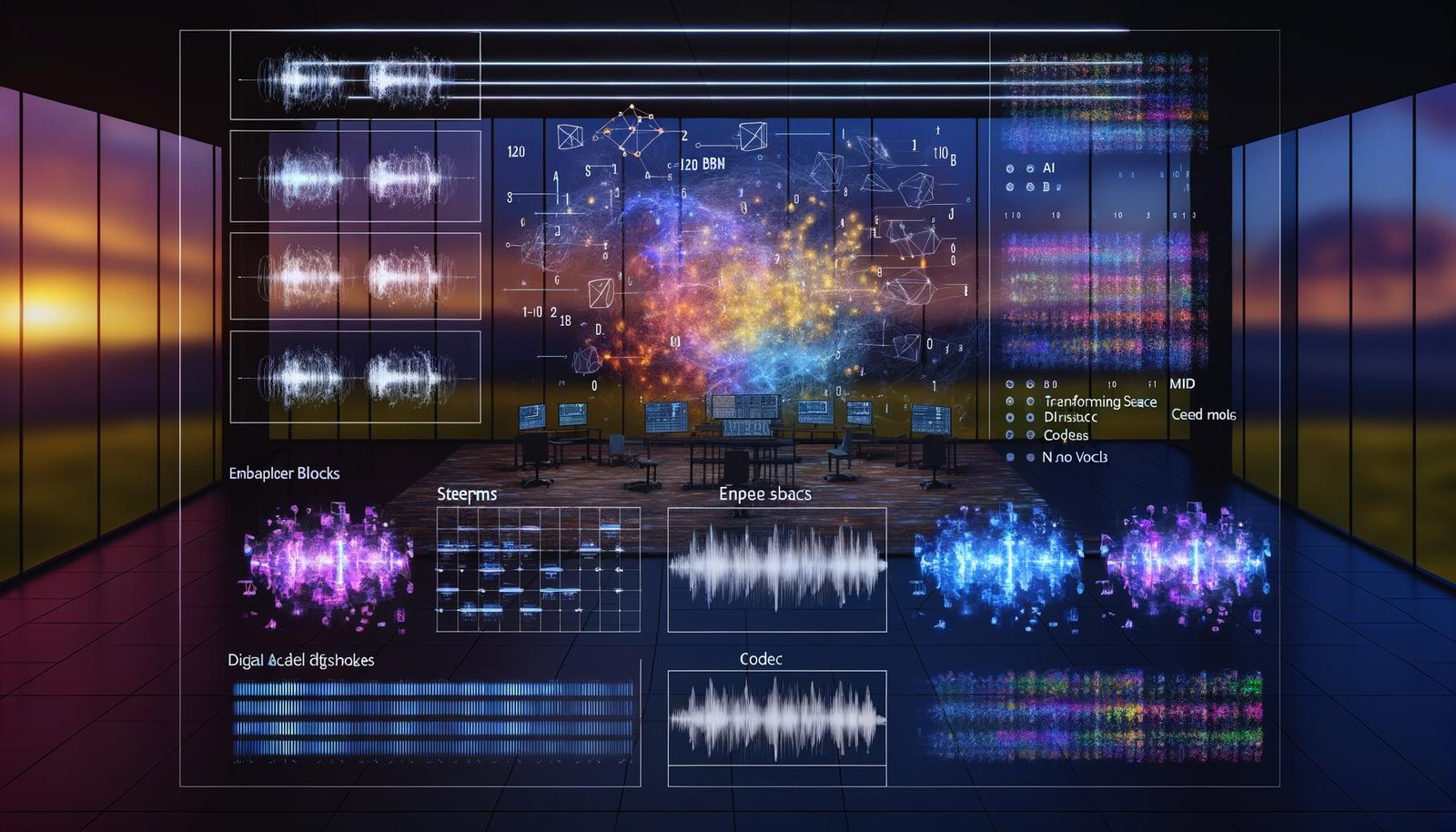 Hightech-Musikstudio bei Dämmerung: Display verwandelt Sprache in Noten und Waveforms; KI-Graphen, DAW mit Stems/MIDI, Tags 120 BPM, ambient drone, no vocals, Hinweise zu Urheberrecht, Seed, FAD, MOS.
