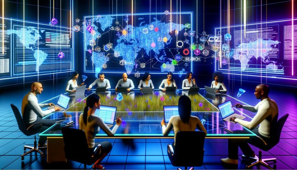 Futuristischer Workspace: Diverses Team vor holografischen SEO-Dashboards, Vektor-Embeddings und Wissensgraphen; im Hintergrund Server und Datenströme.