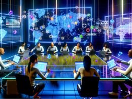 Futuristischer Workspace: Diverses Team vor holografischen SEO-Dashboards, Vektor-Embeddings und Wissensgraphen; im Hintergrund Server und Datenströme.