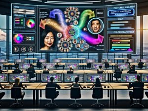 Futuristischer Arbeitsplatz mit mehreren Monitoren, auf denen ein Team KI‑gestützte Bildbearbeitung mit Ebenen, Masken, Prompts, Generative Fill, Inpainting und ControlNet durchführt; Anzeigen für Seeds, VRAM/GPU und C2PA‑Siegel sichtbar.