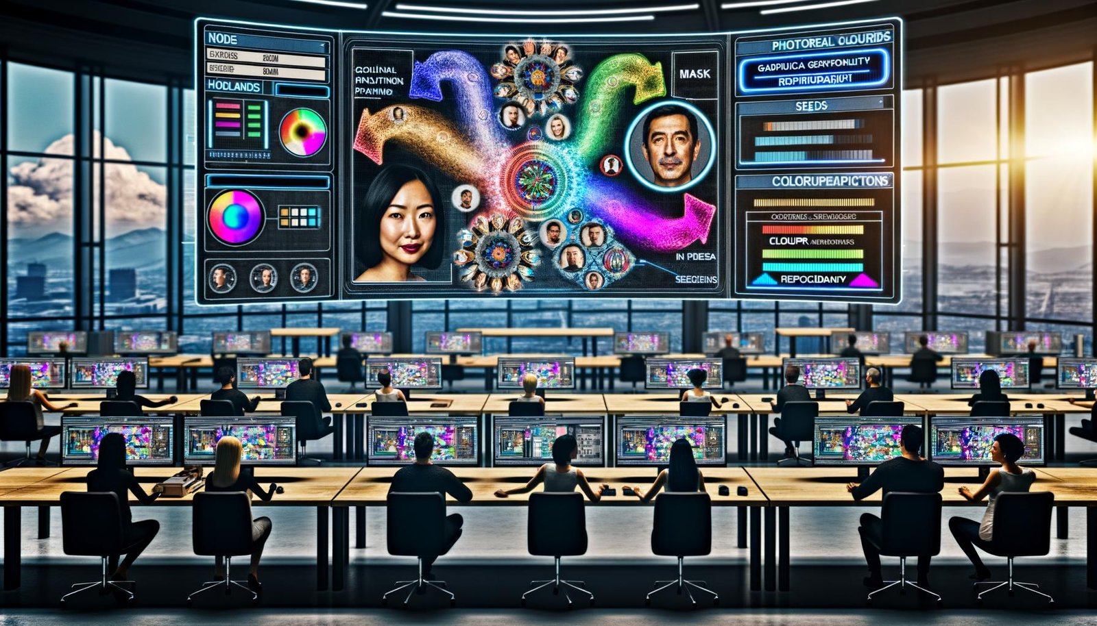 Futuristischer Arbeitsplatz mit mehreren Monitoren, auf denen ein Team KI‑gestützte Bildbearbeitung mit Ebenen, Masken, Prompts, Generative Fill, Inpainting und ControlNet durchführt; Anzeigen für Seeds, VRAM/GPU und C2PA‑Siegel sichtbar.