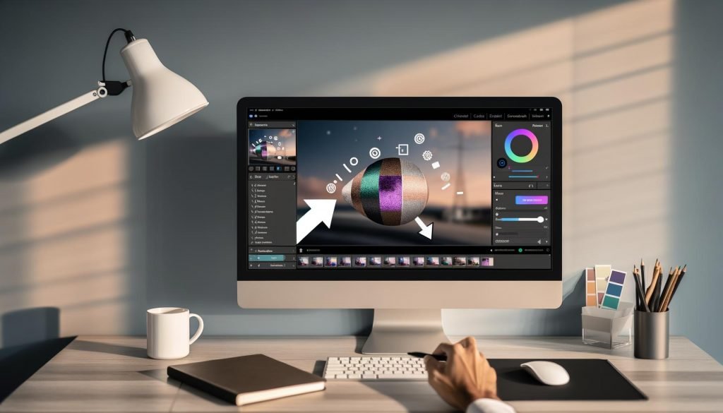 Moderner Arbeitsplatz mit Laptop, der einen KI-Fotoeditor im Browser zeigt (Hintergrund entfernen, Inpainting, Upscaling, generatives Füllen); Designerhände mit Maus und Stylus, Farbfächer, Notizbücher, Smartphone, Kaffee und Pflanze; Cloud-UI mit Export nach WebP/AVIF.