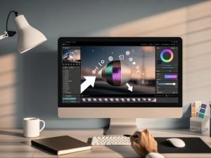 Moderner Arbeitsplatz mit Laptop, der einen KI-Fotoeditor im Browser zeigt (Hintergrund entfernen, Inpainting, Upscaling, generatives Füllen); Designerhände mit Maus und Stylus, Farbfächer, Notizbücher, Smartphone, Kaffee und Pflanze; Cloud-UI mit Export nach WebP/AVIF.