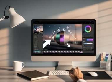 Moderner Arbeitsplatz mit Laptop, der einen KI-Fotoeditor im Browser zeigt (Hintergrund entfernen, Inpainting, Upscaling, generatives Füllen); Designerhände mit Maus und Stylus, Farbfächer, Notizbücher, Smartphone, Kaffee und Pflanze; Cloud-UI mit Export nach WebP/AVIF.