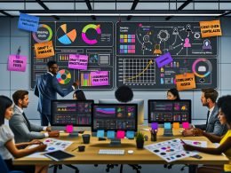 Diverses Marketingteam vor großen Monitoren mit bunten Diagrammen, Kostenrechnungen und Credit-Formeln; Post-its zu Cost-per-Image und Credits per Asset; Notizen zu Draft-then-Upscale und Style-Kits; Flowchart zu Generierung, Upscaling und API mit Warnsymbolen für versteckte Gebühren und Compliance; Logos von Leonardo AI, Midjourney, DALL·E, Firefly und Stable Diffusion.
