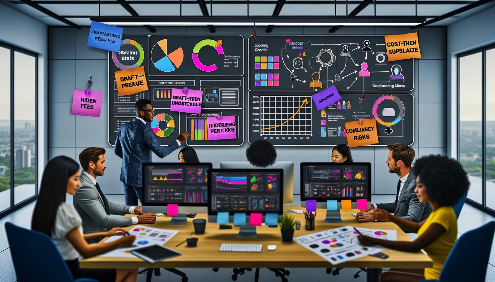 Diverses Marketingteam vor großen Monitoren mit bunten Diagrammen, Kostenrechnungen und Credit-Formeln; Post-its zu Cost-per-Image und Credits per Asset; Notizen zu Draft-then-Upscale und Style-Kits; Flowchart zu Generierung, Upscaling und API mit Warnsymbolen für versteckte Gebühren und Compliance; Logos von Leonardo AI, Midjourney, DALL·E, Firefly und Stable Diffusion.