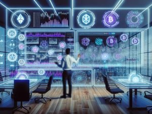 Hochmoderner Trading-Desk mit mehreren transparenten holografischen Bildschirmen; ein Investor betrachtet ein Dashboard mit quantitativen Portfolio-Metriken, Risikoindikatoren und Echtzeit-Sentiment; Blockchain-Logos, Trading-Bots und KI-Neural-Netzwerke in kühlen Blau-/Violetttönen; nüchterne, datengetriebene Stimmung.