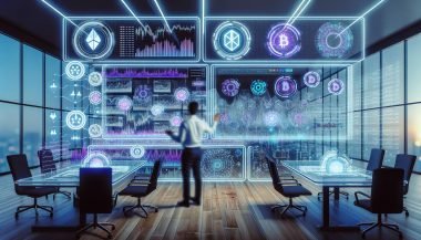 Hochmoderner Trading-Desk mit mehreren transparenten holografischen Bildschirmen; ein Investor betrachtet ein Dashboard mit quantitativen Portfolio-Metriken, Risikoindikatoren und Echtzeit-Sentiment; Blockchain-Logos, Trading-Bots und KI-Neural-Netzwerke in kühlen Blau-/Violetttönen; nüchterne, datengetriebene Stimmung.
