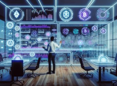 Hochmoderner Trading-Desk mit mehreren transparenten holografischen Bildschirmen; ein Investor betrachtet ein Dashboard mit quantitativen Portfolio-Metriken, Risikoindikatoren und Echtzeit-Sentiment; Blockchain-Logos, Trading-Bots und KI-Neural-Netzwerke in kühlen Blau-/Violetttönen; nüchterne, datengetriebene Stimmung.