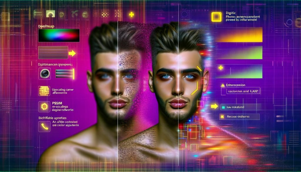 Split‑Illustration zeigt, wie Remini AI ein altes, verschwommenes Selfie in ein hyperdetailliertes, lebensechtes Porträt verwandelt; digitale Effekte, SSIM/PSNR‑Overlays, Upscaling/Denoising, Code und Farbraumdiagramme.