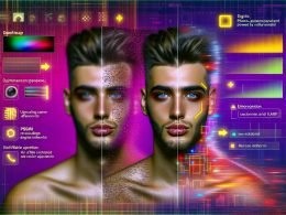 Split‑Illustration zeigt, wie Remini AI ein altes, verschwommenes Selfie in ein hyperdetailliertes, lebensechtes Porträt verwandelt; digitale Effekte, SSIM/PSNR‑Overlays, Upscaling/Denoising, Code und Farbraumdiagramme.