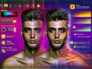 Split‑Illustration zeigt, wie Remini AI ein altes, verschwommenes Selfie in ein hyperdetailliertes, lebensechtes Porträt verwandelt; digitale Effekte, SSIM/PSNR‑Overlays, Upscaling/Denoising, Code und Farbraumdiagramme.