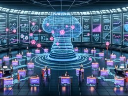 Dynamischer, futuristischer Marketing-Workspace: Teams steuern KI-Dashboards und holografische Charts vor einer pulsierenden, hirnförmigen KI; Datenflüsse zwischen Data Warehouse, Feature Stores, Vektordatenbanken und Orchestrierungstools; Symbole für Recht, Sicherheit und Compliance am Rand.