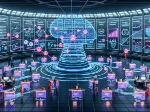 Dynamischer, futuristischer Marketing-Workspace: Teams steuern KI-Dashboards und holografische Charts vor einer pulsierenden, hirnförmigen KI; Datenflüsse zwischen Data Warehouse, Feature Stores, Vektordatenbanken und Orchestrierungstools; Symbole für Recht, Sicherheit und Compliance am Rand.