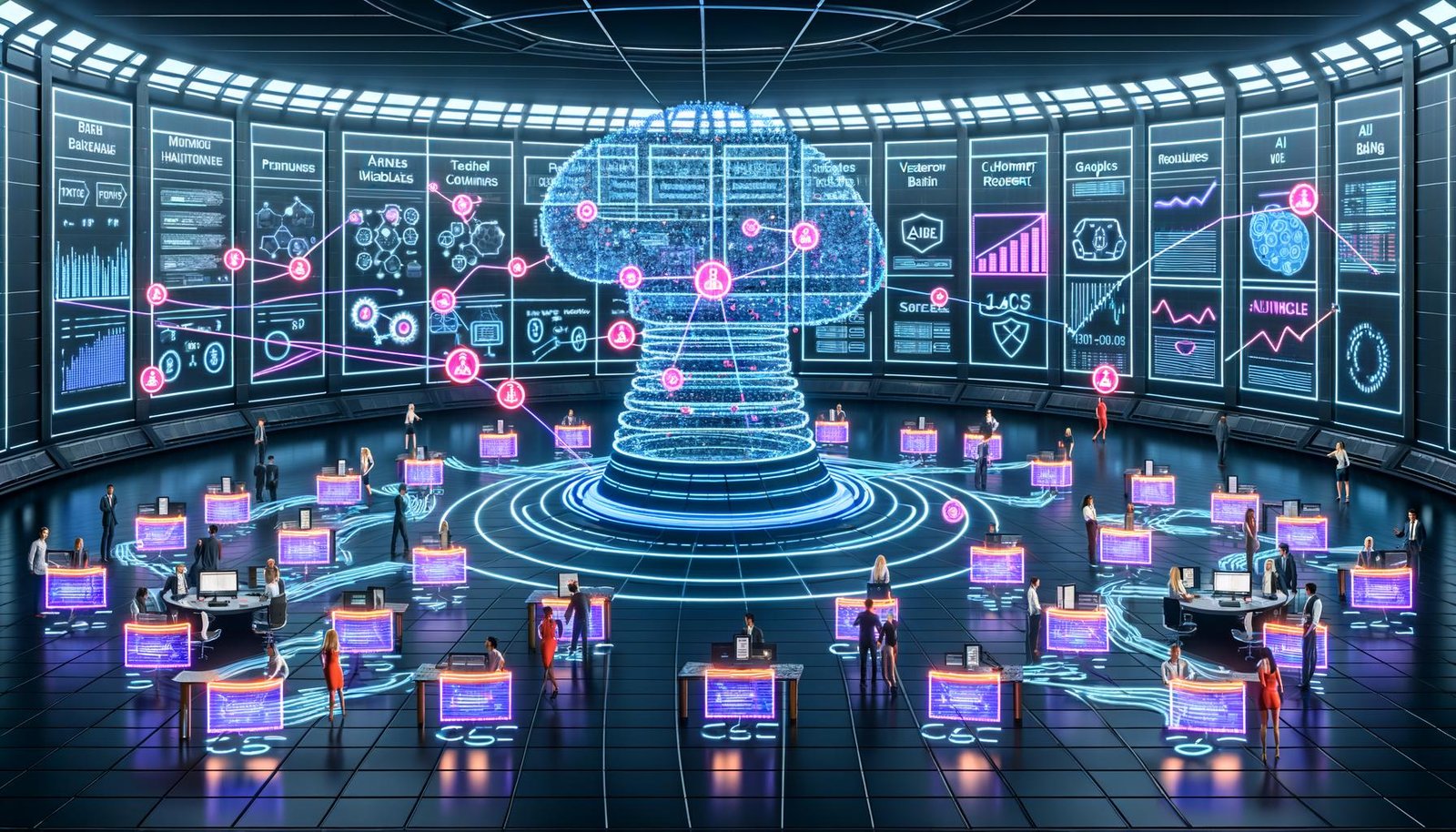 Dynamischer, futuristischer Marketing-Workspace: Teams steuern KI-Dashboards und holografische Charts vor einer pulsierenden, hirnförmigen KI; Datenflüsse zwischen Data Warehouse, Feature Stores, Vektordatenbanken und Orchestrierungstools; Symbole für Recht, Sicherheit und Compliance am Rand.