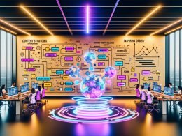 Futuristisches Büro mit mehreren Monitoren: Visualisierte KI-Workflows (Diagramme, Content-Briefings, Keyword-Cluster); Team aus Marketing, Entwicklung und Redaktion arbeitet mit holografischer KI; Whiteboards mit Strategien, Schema-Markups, Brand-Voice und Guardrails.