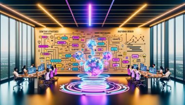 Futuristisches Büro mit mehreren Monitoren: Visualisierte KI-Workflows (Diagramme, Content-Briefings, Keyword-Cluster); Team aus Marketing, Entwicklung und Redaktion arbeitet mit holografischer KI; Whiteboards mit Strategien, Schema-Markups, Brand-Voice und Guardrails.