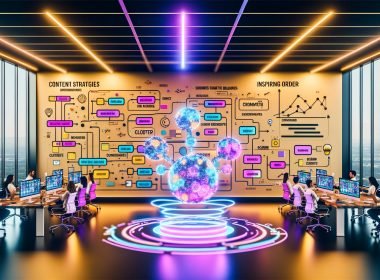 Futuristisches Büro mit mehreren Monitoren: Visualisierte KI-Workflows (Diagramme, Content-Briefings, Keyword-Cluster); Team aus Marketing, Entwicklung und Redaktion arbeitet mit holografischer KI; Whiteboards mit Strategien, Schema-Markups, Brand-Voice und Guardrails.