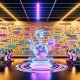 Futuristisches Büro mit mehreren Monitoren: Visualisierte KI-Workflows (Diagramme, Content-Briefings, Keyword-Cluster); Team aus Marketing, Entwicklung und Redaktion arbeitet mit holografischer KI; Whiteboards mit Strategien, Schema-Markups, Brand-Voice und Guardrails.