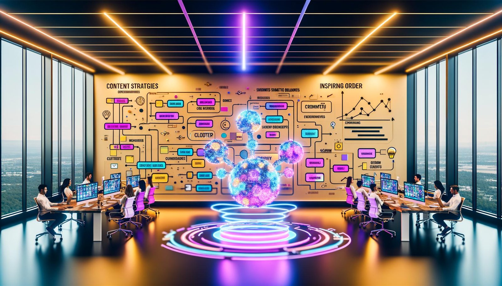 Futuristisches Büro mit mehreren Monitoren: Visualisierte KI-Workflows (Diagramme, Content-Briefings, Keyword-Cluster); Team aus Marketing, Entwicklung und Redaktion arbeitet mit holografischer KI; Whiteboards mit Strategien, Schema-Markups, Brand-Voice und Guardrails.