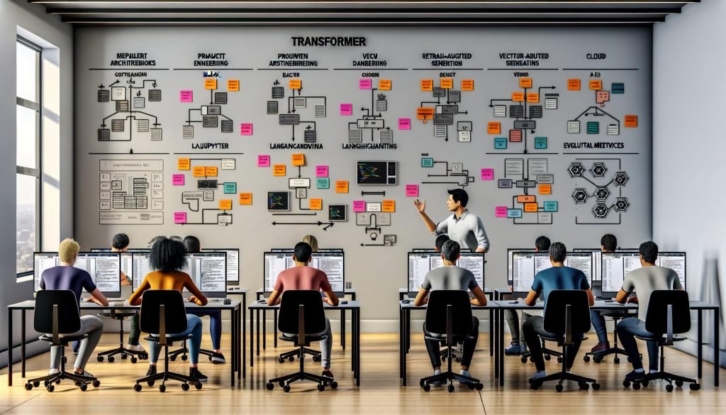 Moderner, energiegeladener KI-Unterricht mit diversen Erwachsenen an digitalen Workstations; Jupyter-Notebooks auf großen Screens, Flowcharts zu neuronalen Netzen, Prompt Engineering, RAG und Evaluationsmetriken, Icons für LangChain, Vektordatenbanken und Cloud-Services; Dozent skizziert die Transformer-Architektur; 404 Magazine Branding.