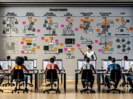 Moderner, energiegeladener KI-Unterricht mit diversen Erwachsenen an digitalen Workstations; Jupyter-Notebooks auf großen Screens, Flowcharts zu neuronalen Netzen, Prompt Engineering, RAG und Evaluationsmetriken, Icons für LangChain, Vektordatenbanken und Cloud-Services; Dozent skizziert die Transformer-Architektur; 404 Magazine Branding.