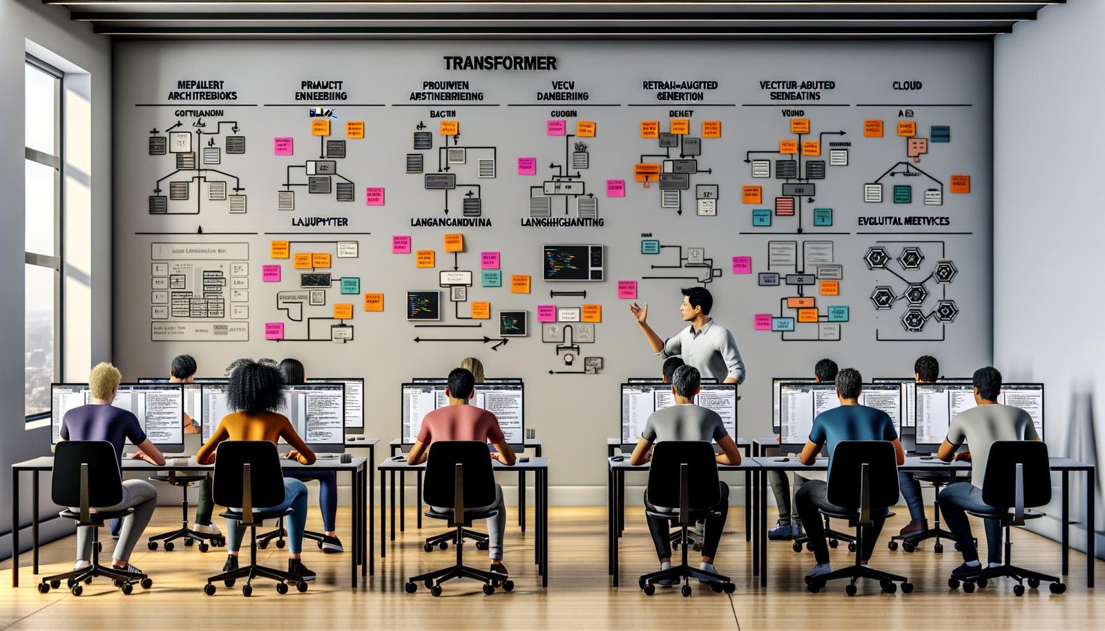 Moderner, energiegeladener KI-Unterricht mit diversen Erwachsenen an digitalen Workstations; Jupyter-Notebooks auf großen Screens, Flowcharts zu neuronalen Netzen, Prompt Engineering, RAG und Evaluationsmetriken, Icons für LangChain, Vektordatenbanken und Cloud-Services; Dozent skizziert die Transformer-Architektur; 404 Magazine Branding.