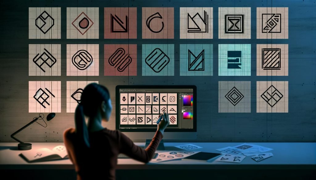 Moderner Arbeitsplatz bei Nacht mit Designer vor Monitor, der KI-generierte, minimalistische Vektor-Logo-Thumbnails in hohem Kontrast zeigt; Skizzen, Pen-Tablet und Notizbuch mit Farbcodes sichtbar.