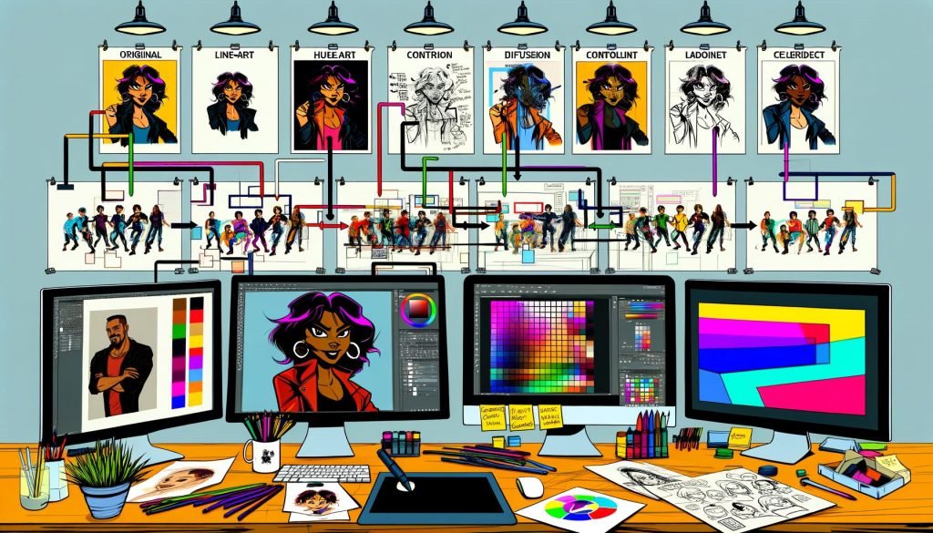 Moderner Workspace mit mehreren Monitoren: KI-Workflow vom Porträt zur stilisierten Cartoon-Figur mit klarer Line-Art, Cel-Shading und Vektorgrafik; Designer am Pen-Tablet; Referenzwände und Farbswatches; Notizen zu Diffusion, ControlNet und LoRA.