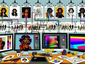 Moderner Workspace mit mehreren Monitoren: KI-Workflow vom Porträt zur stilisierten Cartoon-Figur mit klarer Line-Art, Cel-Shading und Vektorgrafik; Designer am Pen-Tablet; Referenzwände und Farbswatches; Notizen zu Diffusion, ControlNet und LoRA.