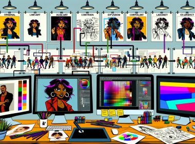 Moderner Workspace mit mehreren Monitoren: KI-Workflow vom Porträt zur stilisierten Cartoon-Figur mit klarer Line-Art, Cel-Shading und Vektorgrafik; Designer am Pen-Tablet; Referenzwände und Farbswatches; Notizen zu Diffusion, ControlNet und LoRA.