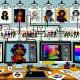 Moderner Workspace mit mehreren Monitoren: KI-Workflow vom Porträt zur stilisierten Cartoon-Figur mit klarer Line-Art, Cel-Shading und Vektorgrafik; Designer am Pen-Tablet; Referenzwände und Farbswatches; Notizen zu Diffusion, ControlNet und LoRA.