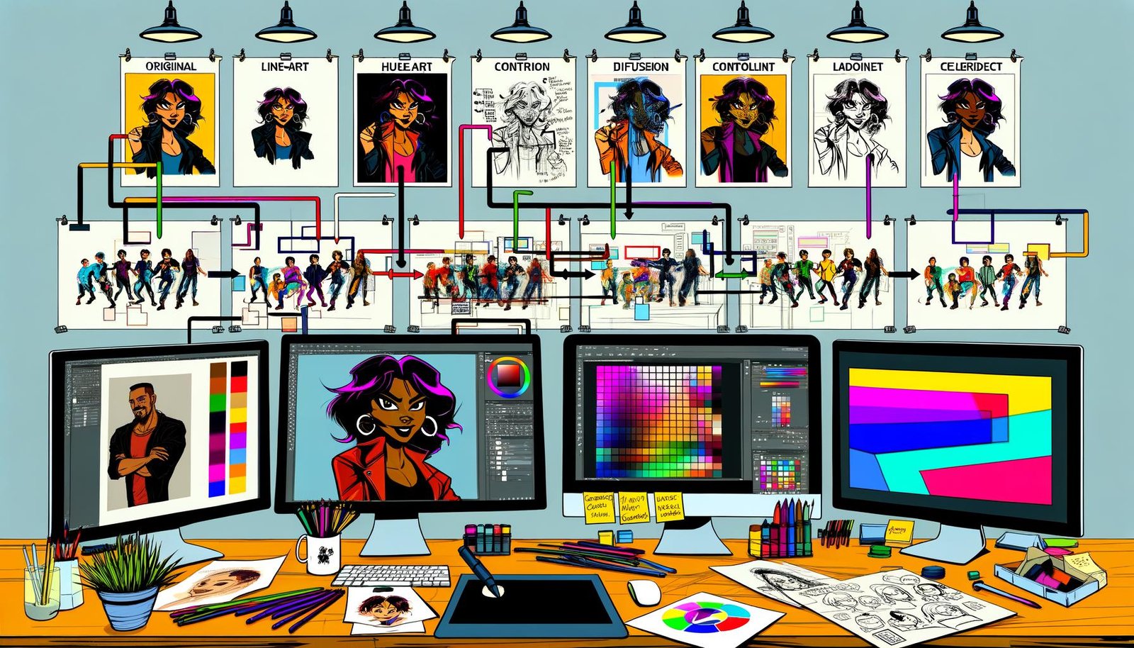 Moderner Workspace mit mehreren Monitoren: KI-Workflow vom Porträt zur stilisierten Cartoon-Figur mit klarer Line-Art, Cel-Shading und Vektorgrafik; Designer am Pen-Tablet; Referenzwände und Farbswatches; Notizen zu Diffusion, ControlNet und LoRA.