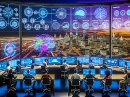Futuristischer Corporate-Kontrollraum 2025 mit holografischen KI-Dashboards; neuronale Netzdiagramme, LLM-Symbole, vernetzte Agenten-Bots und multimodale Pipelines für Text, Bilder und strukturierte Daten; LED-Anzeigen zu Kosten, Latenz, Compliance und SLAs; Menschen arbeiten mit transparenten Robotern vor einer leuchtenden Stadt.