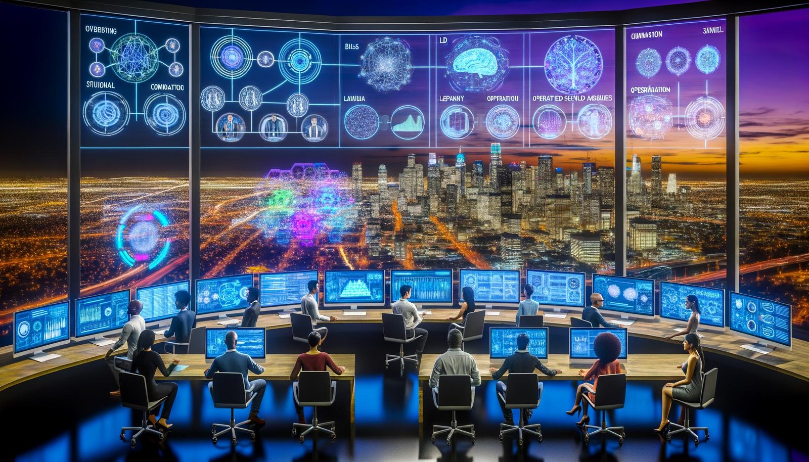 Futuristischer Corporate-Kontrollraum 2025 mit holografischen KI-Dashboards; neuronale Netzdiagramme, LLM-Symbole, vernetzte Agenten-Bots und multimodale Pipelines für Text, Bilder und strukturierte Daten; LED-Anzeigen zu Kosten, Latenz, Compliance und SLAs; Menschen arbeiten mit transparenten Robotern vor einer leuchtenden Stadt.