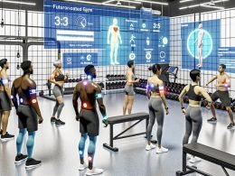 Diverse Männer und Frauen trainieren in einem minimalistisch-kühlen Hightech-Gym; Wearable-Sensoren an Armen und Brust senden leuchtende Datenströme an eine zentrale Displaywand mit Echtzeitwerten zu Herzfrequenz, Wiederholungstempo und Technik. Über einer Athletin visualisiert ein transparentes AR-Overlay Gelenkpunkte, Bewegungsbahnen, Posenerkennung, Bewegungsumfang und Tempo. Kameras auf Stativen und Tablets mit Feedback-Screens sind sichtbar; die UI blendet Datenschutz- und Sicherheitssymbole (Schild) ein.