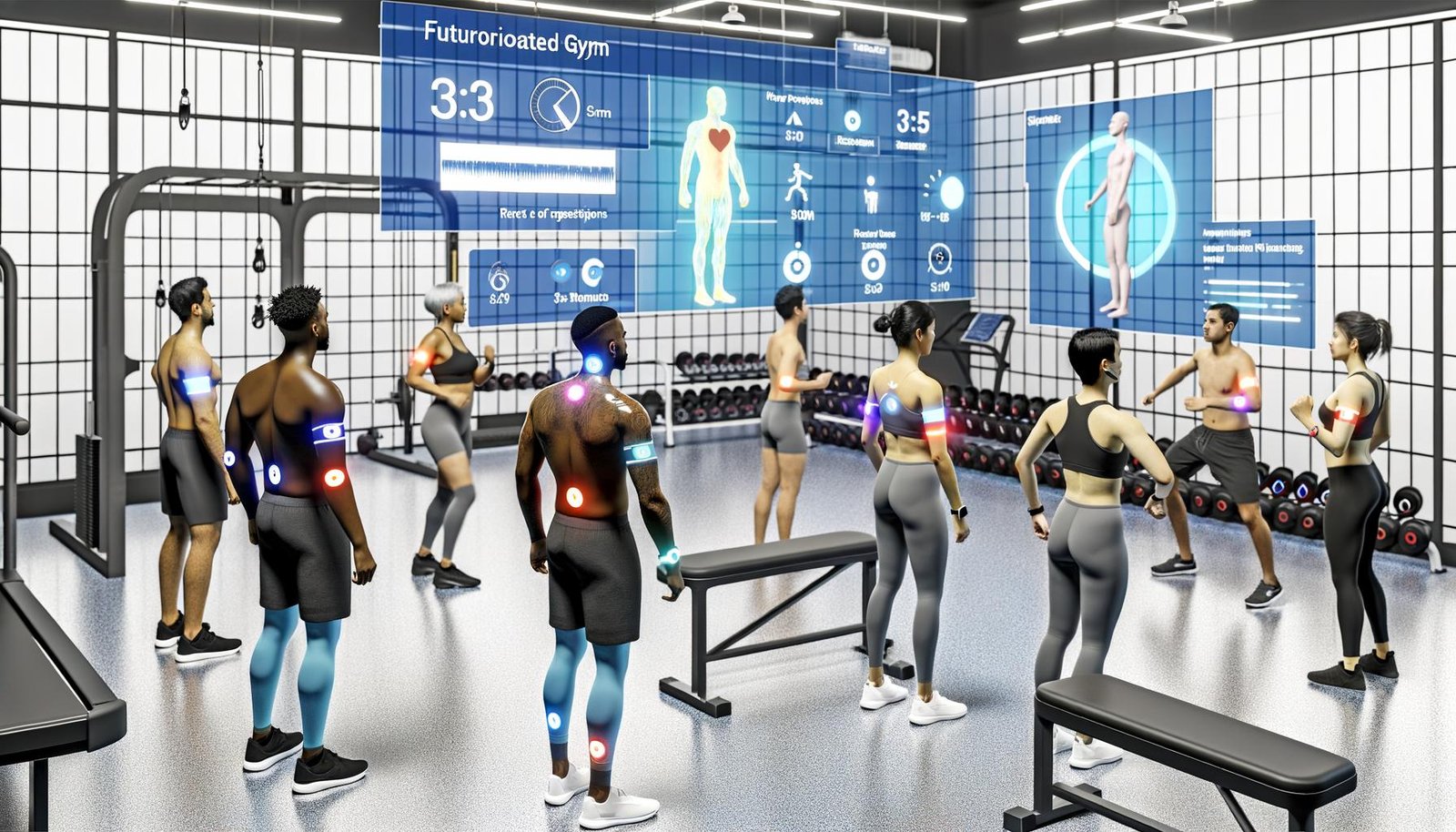 Diverse Männer und Frauen trainieren in einem minimalistisch-kühlen Hightech-Gym; Wearable-Sensoren an Armen und Brust senden leuchtende Datenströme an eine zentrale Displaywand mit Echtzeitwerten zu Herzfrequenz, Wiederholungstempo und Technik. Über einer Athletin visualisiert ein transparentes AR-Overlay Gelenkpunkte, Bewegungsbahnen, Posenerkennung, Bewegungsumfang und Tempo. Kameras auf Stativen und Tablets mit Feedback-Screens sind sichtbar; die UI blendet Datenschutz- und Sicherheitssymbole (Schild) ein.