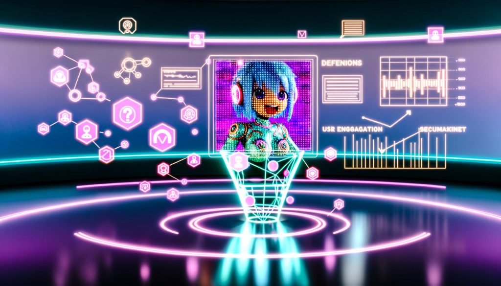 Neonbeleuchteter, futuristischer Marketing‑Workspace mit großem Bildschirm: animierter Anime‑Avatar mit lebhaftem Lip‑Sync; Icons für KI‑Netze, TTS, Security und steigende Engagement‑Charts, Holo‑Panels im Hintergrund.