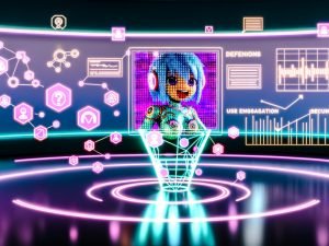 Neonbeleuchteter, futuristischer Marketing‑Workspace mit großem Bildschirm: animierter Anime‑Avatar mit lebhaftem Lip‑Sync; Icons für KI‑Netze, TTS, Security und steigende Engagement‑Charts, Holo‑Panels im Hintergrund.