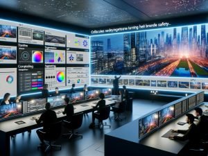 Helles Hightech-Studio, Team arbeitet an nahtlosem Outpainting: zentrale Leinwand erweitert ein Stadtbild über die Ränder; Overlay mit Depth Maps, Histogrammen, Segmentierung, ControlNet, SDXL und Photoshop Generative Expand; Seitenwände mit Formaten (Social, DOOH, Web), Monitore mit GPU-Auslastung und Qualitätsmetriken; Marken- und Copyright-Symbole, Seed-Nummer als Wasserzeichen.