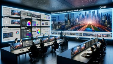 Helles Hightech-Studio, Team arbeitet an nahtlosem Outpainting: zentrale Leinwand erweitert ein Stadtbild über die Ränder; Overlay mit Depth Maps, Histogrammen, Segmentierung, ControlNet, SDXL und Photoshop Generative Expand; Seitenwände mit Formaten (Social, DOOH, Web), Monitore mit GPU-Auslastung und Qualitätsmetriken; Marken- und Copyright-Symbole, Seed-Nummer als Wasserzeichen.