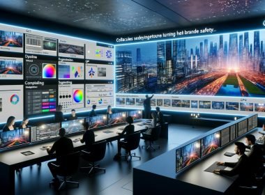 Helles Hightech-Studio, Team arbeitet an nahtlosem Outpainting: zentrale Leinwand erweitert ein Stadtbild über die Ränder; Overlay mit Depth Maps, Histogrammen, Segmentierung, ControlNet, SDXL und Photoshop Generative Expand; Seitenwände mit Formaten (Social, DOOH, Web), Monitore mit GPU-Auslastung und Qualitätsmetriken; Marken- und Copyright-Symbole, Seed-Nummer als Wasserzeichen.