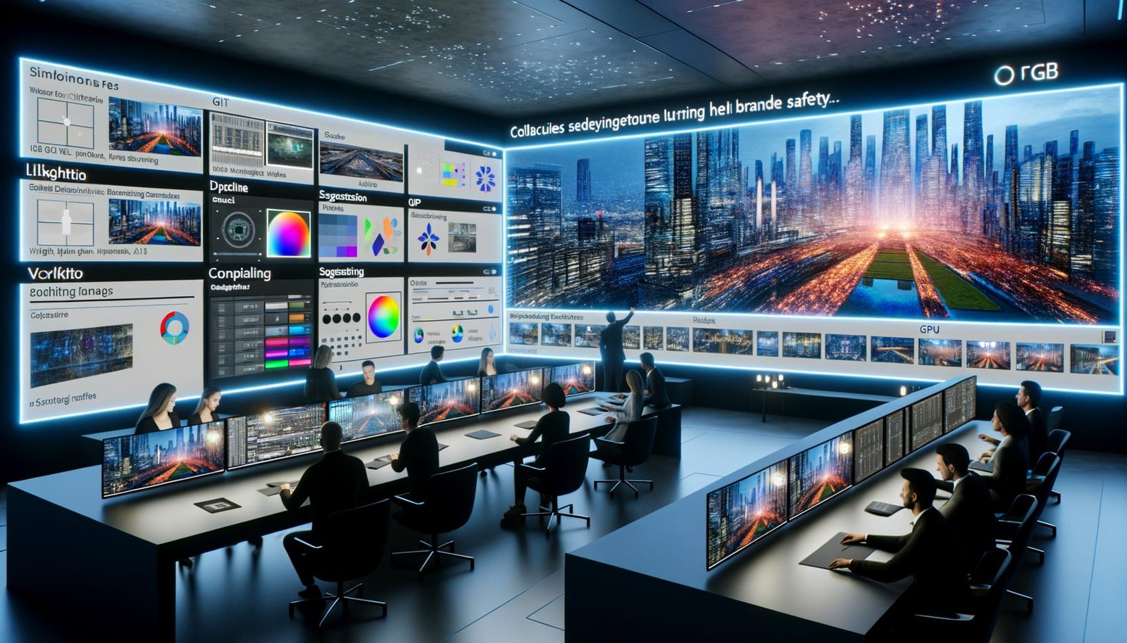Helles Hightech-Studio, Team arbeitet an nahtlosem Outpainting: zentrale Leinwand erweitert ein Stadtbild über die Ränder; Overlay mit Depth Maps, Histogrammen, Segmentierung, ControlNet, SDXL und Photoshop Generative Expand; Seitenwände mit Formaten (Social, DOOH, Web), Monitore mit GPU-Auslastung und Qualitätsmetriken; Marken- und Copyright-Symbole, Seed-Nummer als Wasserzeichen.