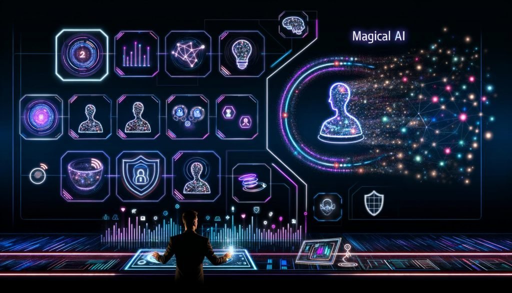 Dynamisches Titelbild: Person an Touch-Konsole in einem futuristischen Kontrollraum mit schwebenden Hologrammen, KI‑Agenten‑Silhouetten, Vektor‑Datenbanken, KPI‑Diagrammen, Monitoring‑Dashboards sowie Icons für Text, Bild, Audio, Video, Gerätesicherheit und EU‑Compliance; neonfarbener, dunkler Tech‑Look.