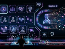 Dynamisches Titelbild: Person an Touch-Konsole in einem futuristischen Kontrollraum mit schwebenden Hologrammen, KI‑Agenten‑Silhouetten, Vektor‑Datenbanken, KPI‑Diagrammen, Monitoring‑Dashboards sowie Icons für Text, Bild, Audio, Video, Gerätesicherheit und EU‑Compliance; neonfarbener, dunkler Tech‑Look.