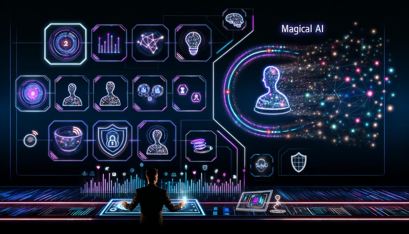 Dynamisches Titelbild: Person an Touch-Konsole in einem futuristischen Kontrollraum mit schwebenden Hologrammen, KI‑Agenten‑Silhouetten, Vektor‑Datenbanken, KPI‑Diagrammen, Monitoring‑Dashboards sowie Icons für Text, Bild, Audio, Video, Gerätesicherheit und EU‑Compliance; neonfarbener, dunkler Tech‑Look.
