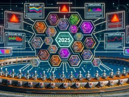Futuristische Illustration 2025: Eine automatisierte Content-Fabrik, in der Roboter und Marketer Text in Transformer-Modelle einspeisen; ein Fließband erzeugt vielfältige, markenkonforme Snippets, während Dashboards KPIs und Duplicate-Content-Risiken anzeigen.