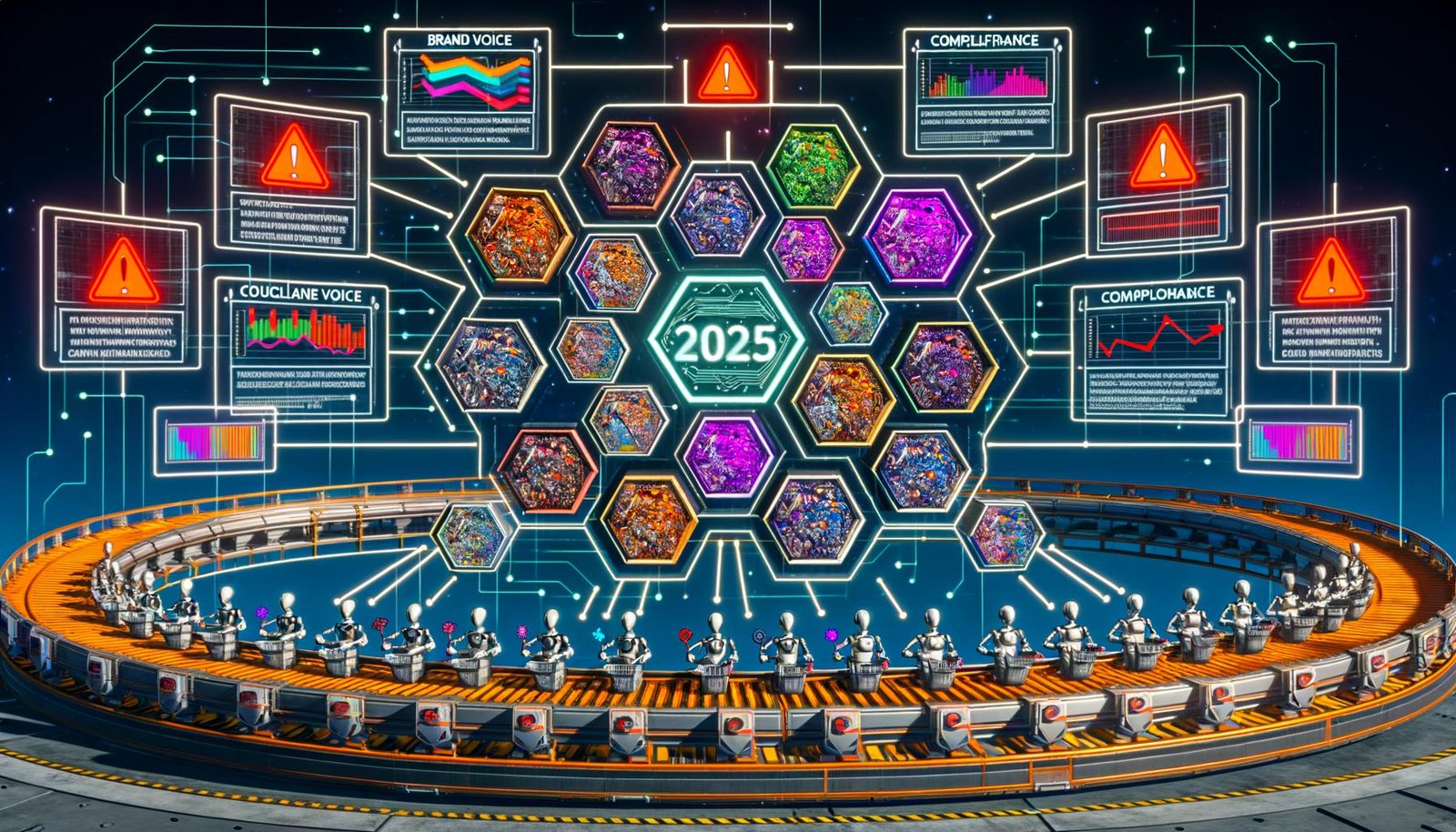 Futuristische Illustration 2025: Eine automatisierte Content-Fabrik, in der Roboter und Marketer Text in Transformer-Modelle einspeisen; ein Fließband erzeugt vielfältige, markenkonforme Snippets, während Dashboards KPIs und Duplicate-Content-Risiken anzeigen.