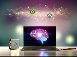 Futuristischer Schreibtisch mit Laptop, der eine Gemma-AI-Neuralnetz-Visualisierung zeigt; daneben schweben kompakte GPU und Cloud-Icon, verbunden durch leuchtende Datenströme.